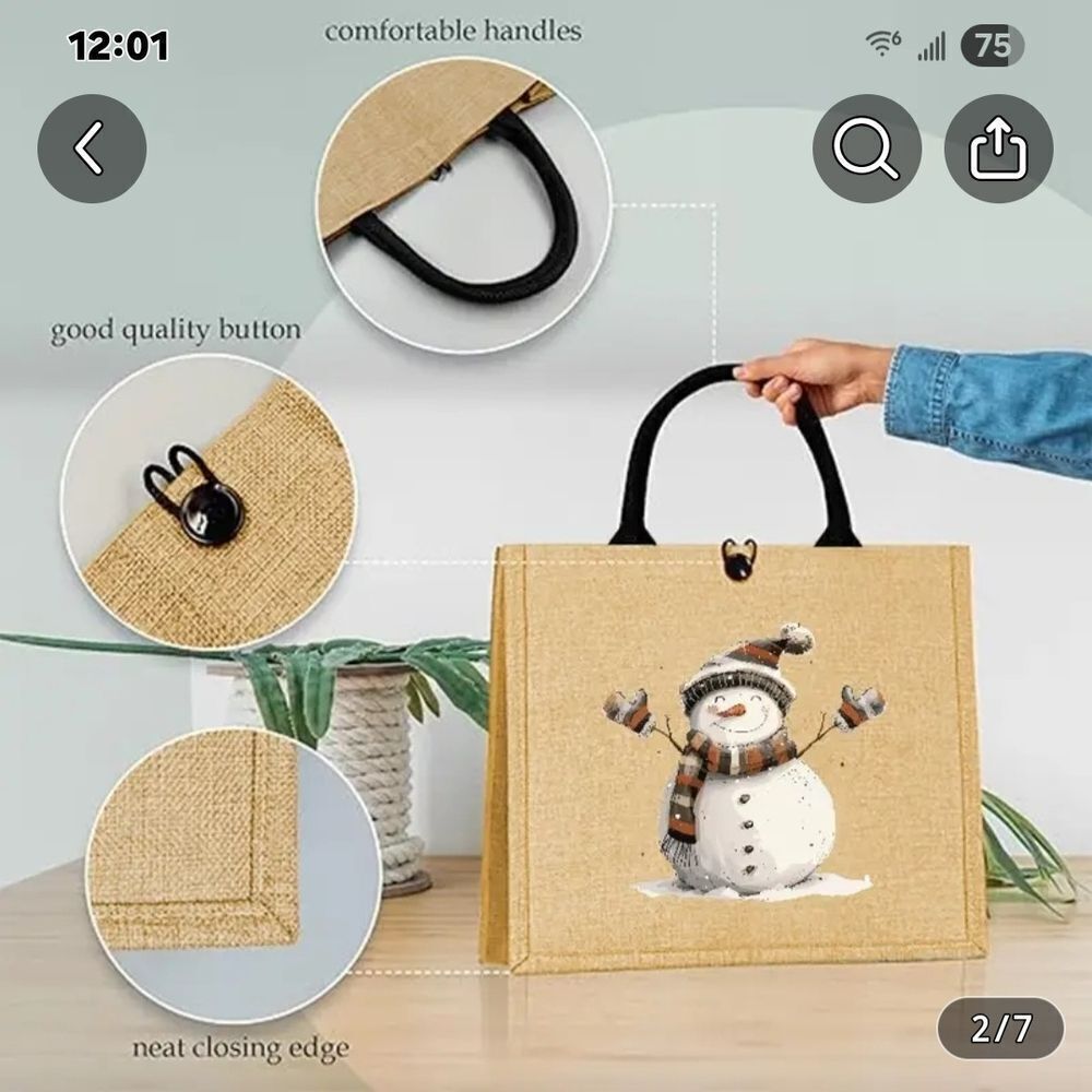 Festive Snowman Tote Bag - Tan - Picture 5 of 7